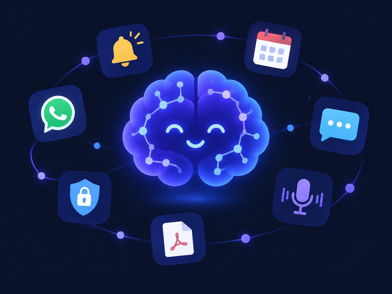 Cerebro de MEMORA conectado a recordatorios, calendario, WhatsApp, notas de voz, documentos y bóveda segura